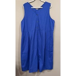 Gundrun Sjoden Blue V Neck Button Down Dress XL Organic Cotton Lagenlook